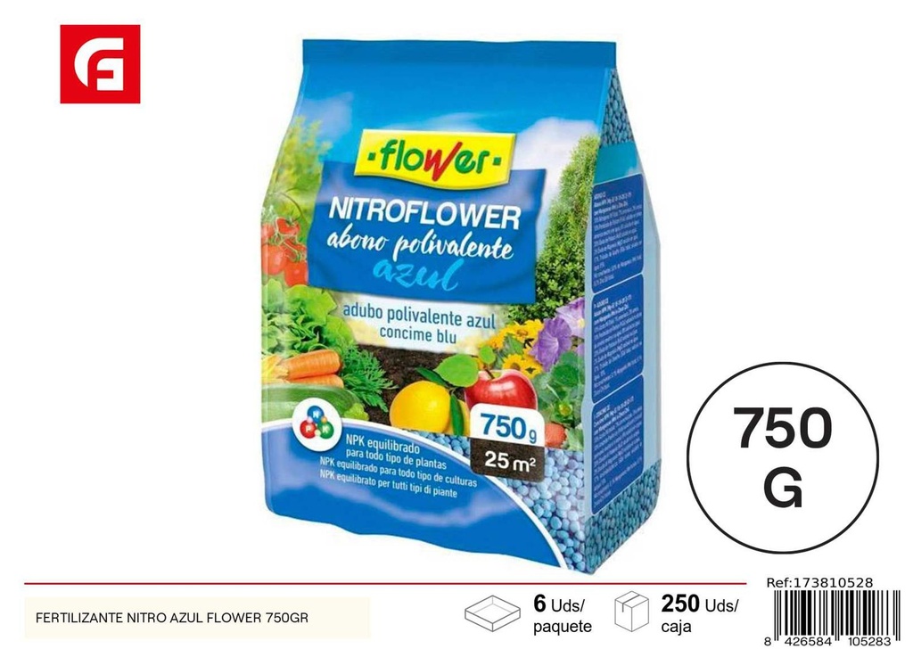 Fertilizante Nitro Azul Flower 750gr para jardín