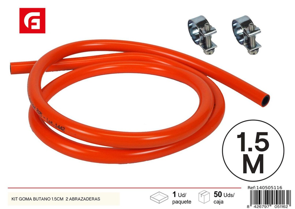 Kit goma butano 1,5 cm + 2 abrazaderas - Accesorios para gas
