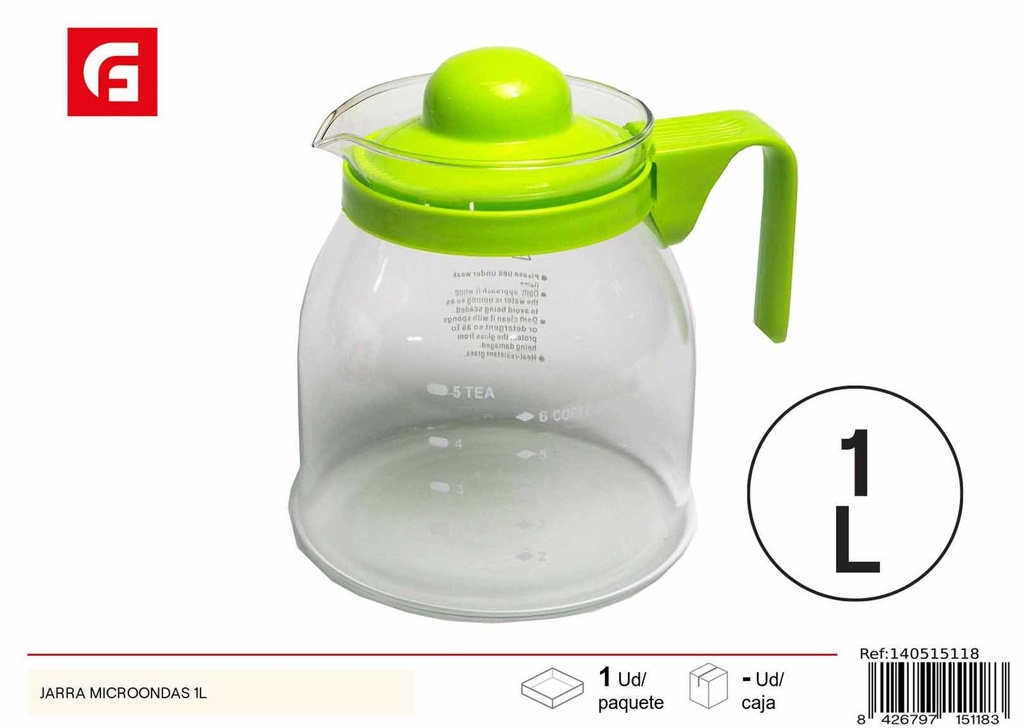 Jarra de vidrio para microondas 1L - Utensilios de cocina