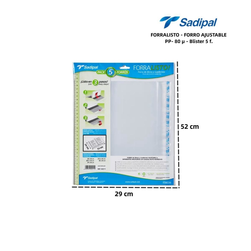 Forro ajustable 29x52cm blister 5f para libros y cuadernos