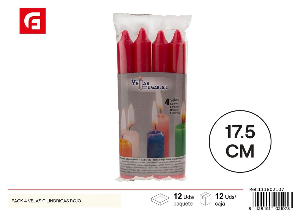 Pack de 4 velas cilíndricas rojas para decoración y ambientación