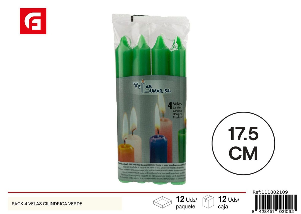 Pack de 4 velas cilíndricas verdes decoración