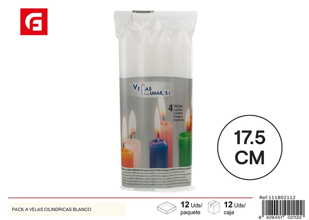 Pack 4 velas cilíndricas blancas para decoración y ambientación