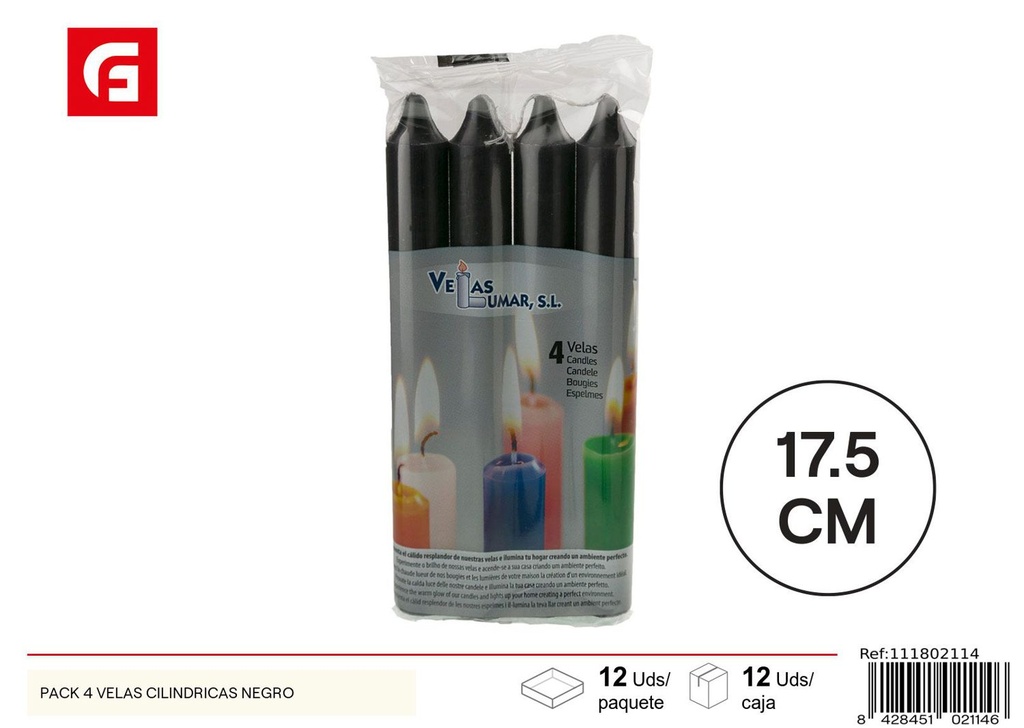 Pack 4 velas cilíndricas negras para decoración