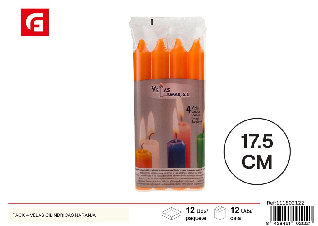 Velas cilíndricas naranja pack 4 para decoración y ambientación