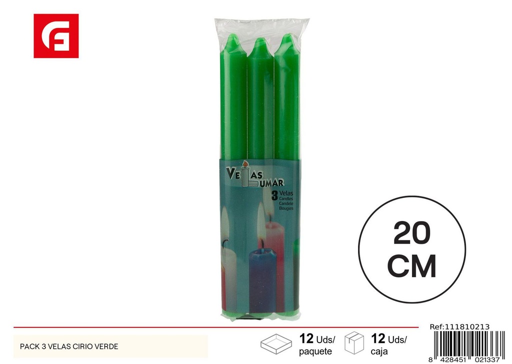 Pack de 3 velas cirio verde decoración