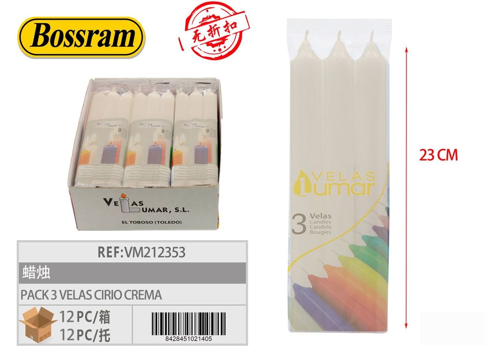 Pack de 3 velas cirio crema para decoración y ambiente