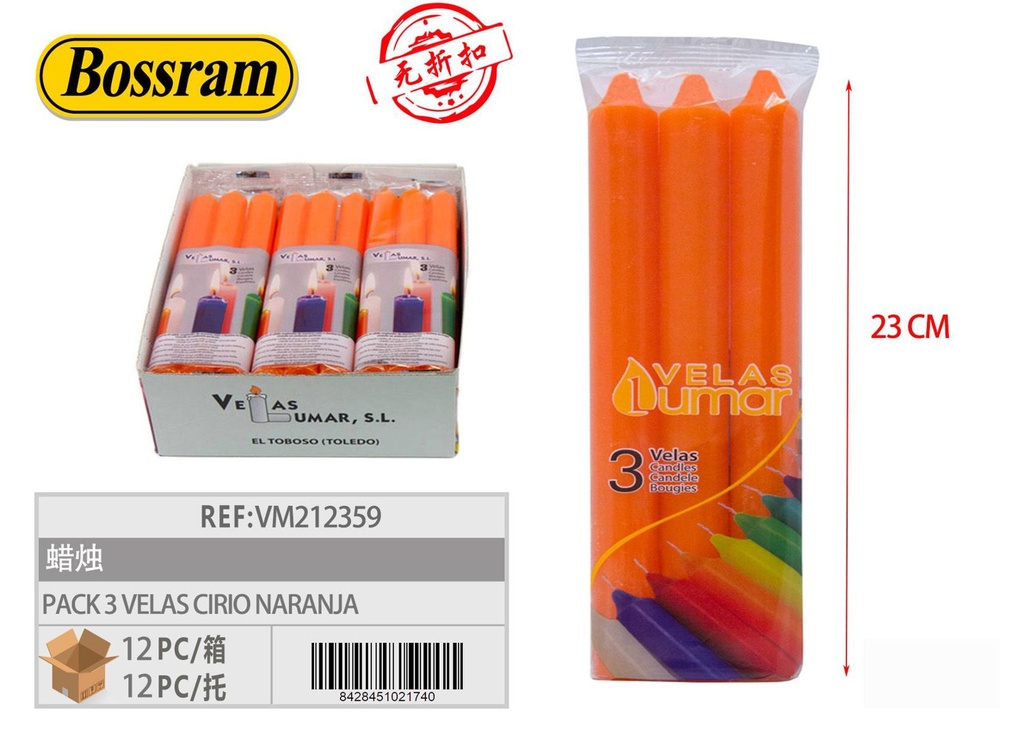 Pack de 3 velas cirio naranja para decoración