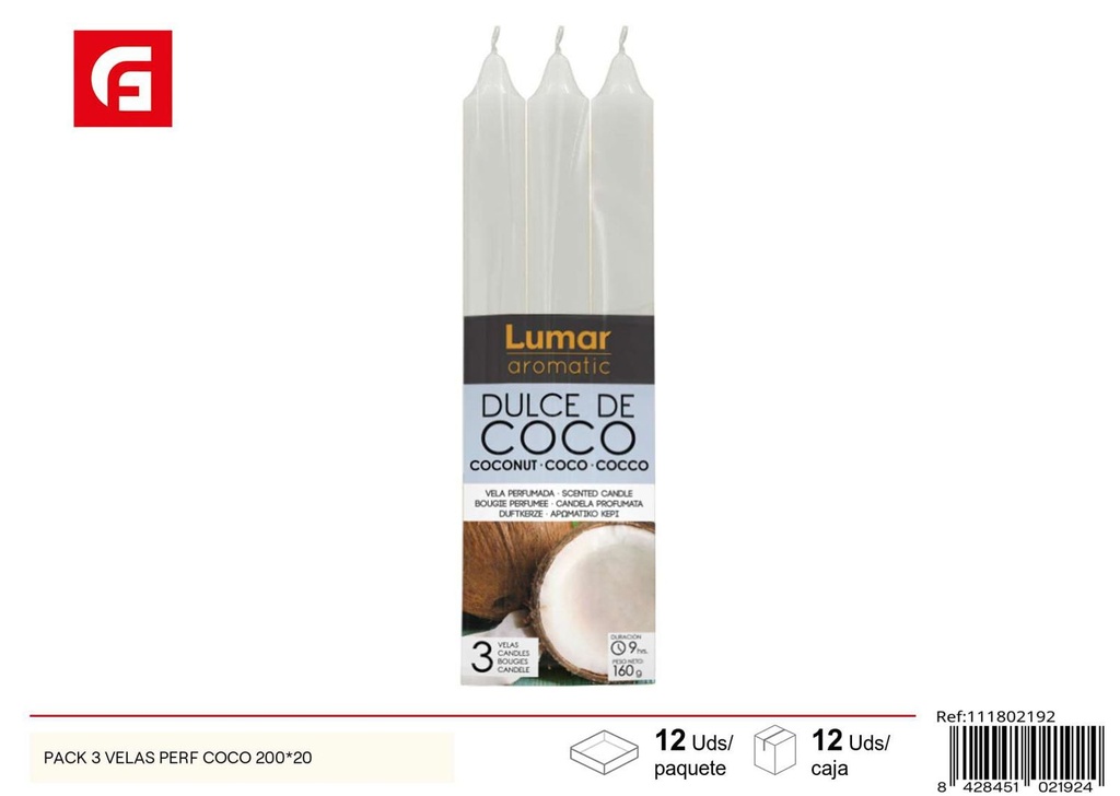 Pack de 3 velas perfumadas de coco 200mm para decoración