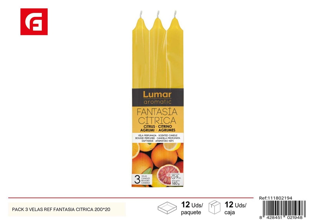 PACK 3 VELAS REF FANTASIA CITRICA 200*20 - Velas aromáticas