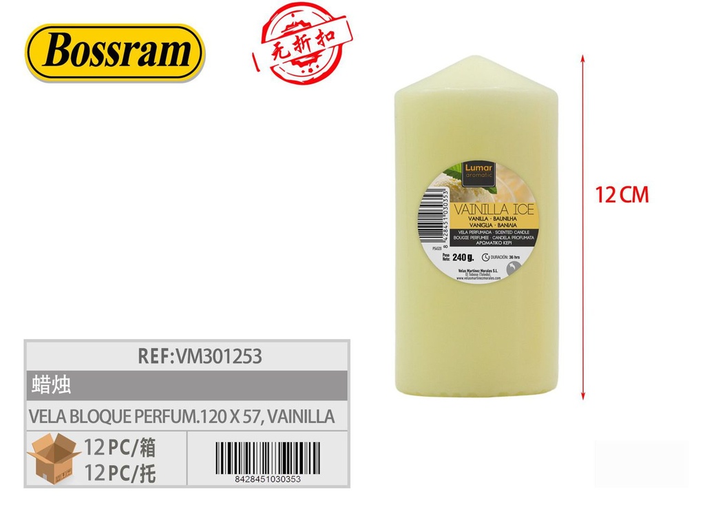 Vela perfumada de bloque 120x57mm aroma vainilla