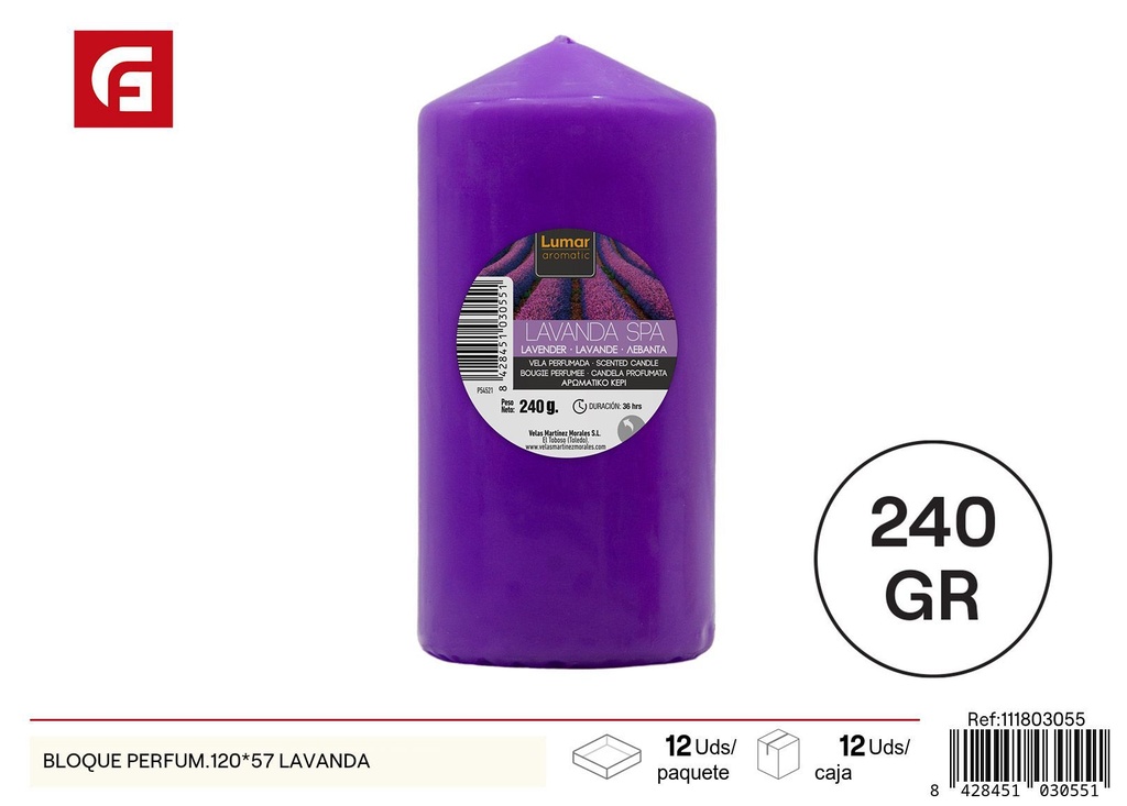 Vela en bloque perfumada de lavanda 120x57mm para decoración y aromaterapia