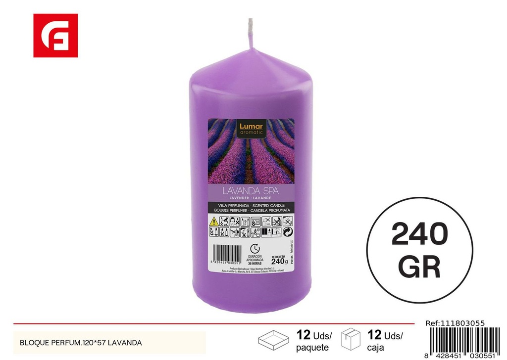 Vela en bloque perfumada de lavanda 120x57mm para decoración y aromaterapia