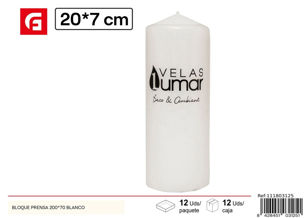 Vela pilar blanca 200x70mm para decoración y ambiente