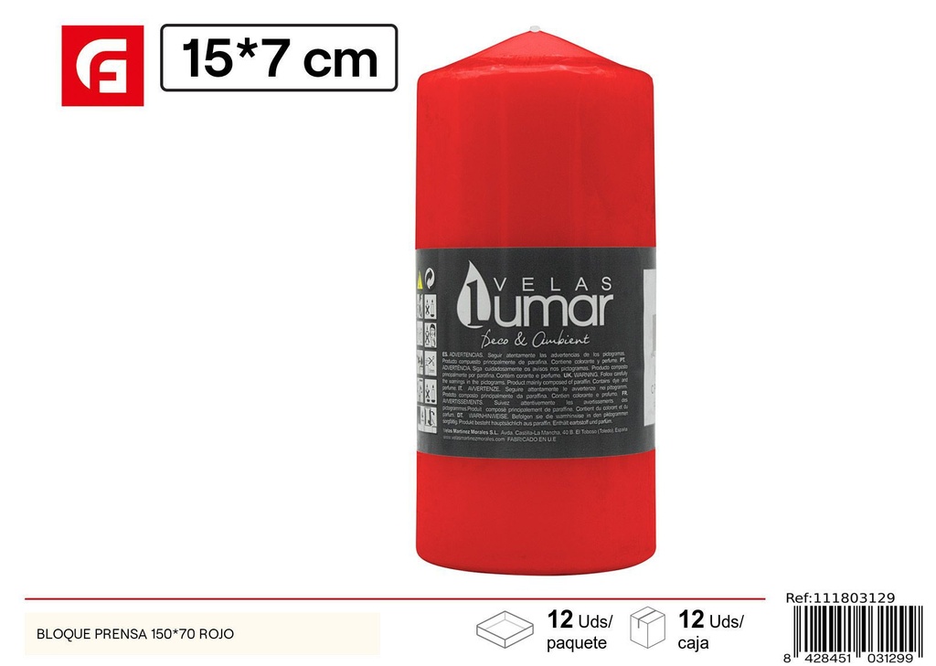 Vela de bloque prensado rojo 150x70mm para decoración