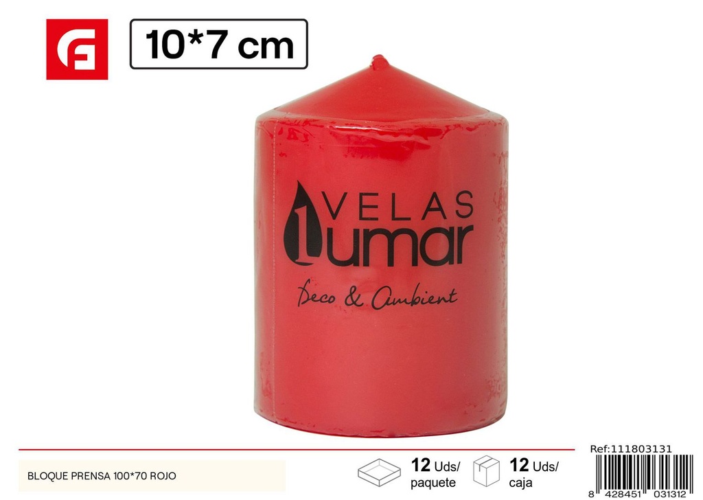 Vela roja bloque prensa 100x70mm decorativa y aromática