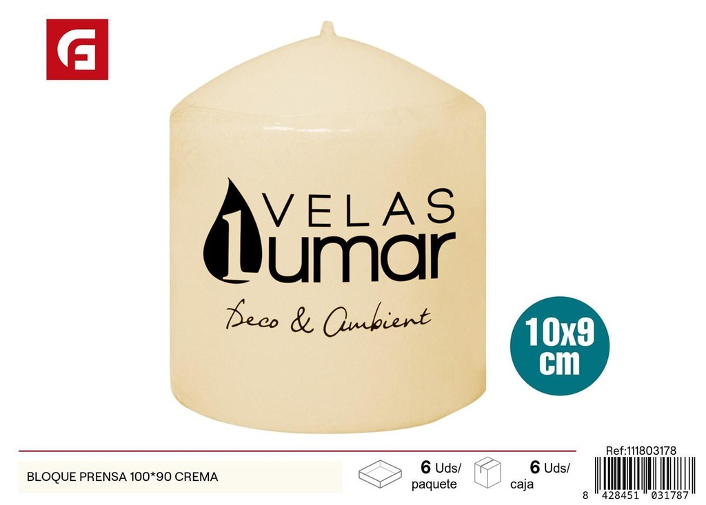 Vela bloque prensa 100x90 en color crema - Velas decorativas y aromáticas