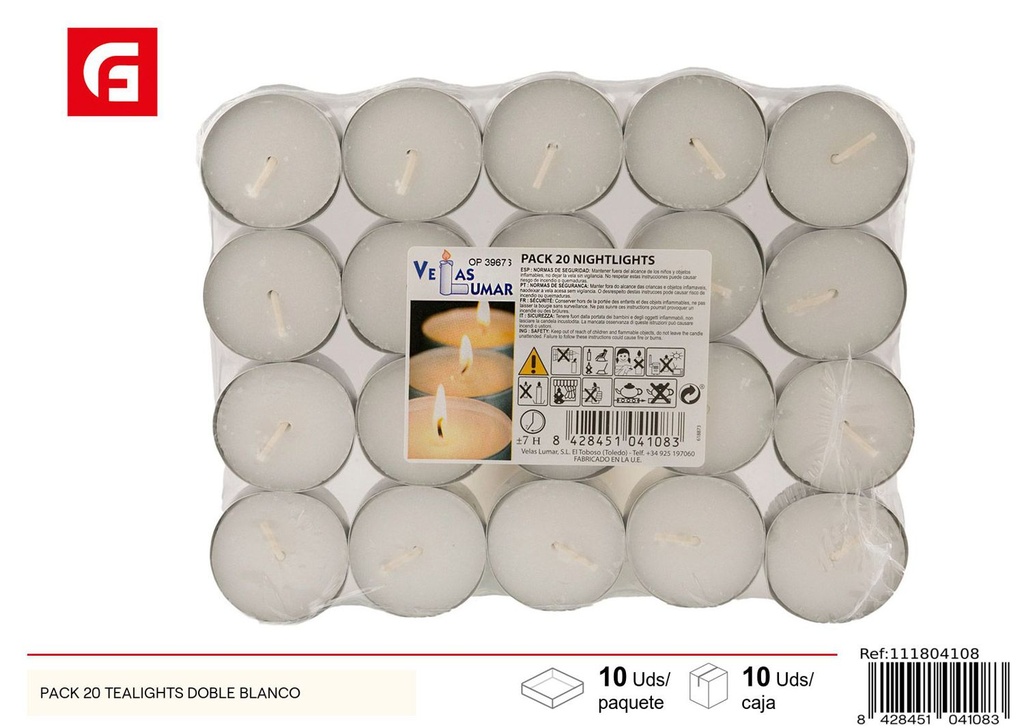 Pack 20 tealights blanco doble para decoración y ambiente