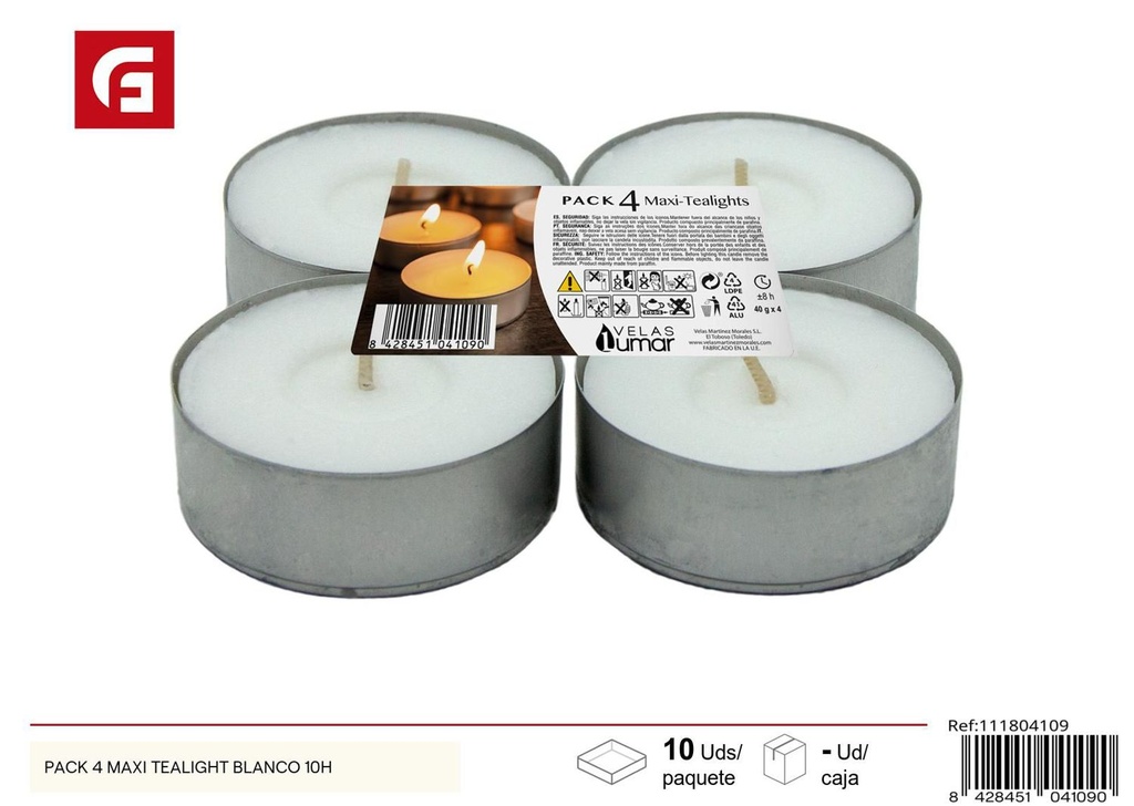 Pack de 4 velas maxi tealight blancas 10h para decoración