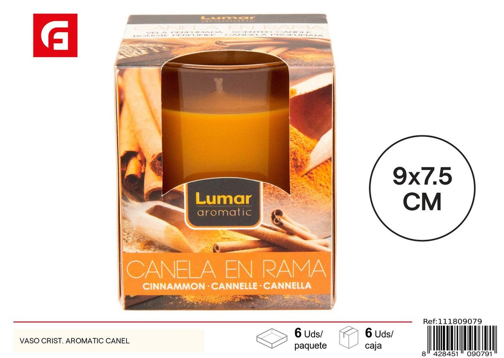 Vela aromática de canela en vaso de cristal para ambientar