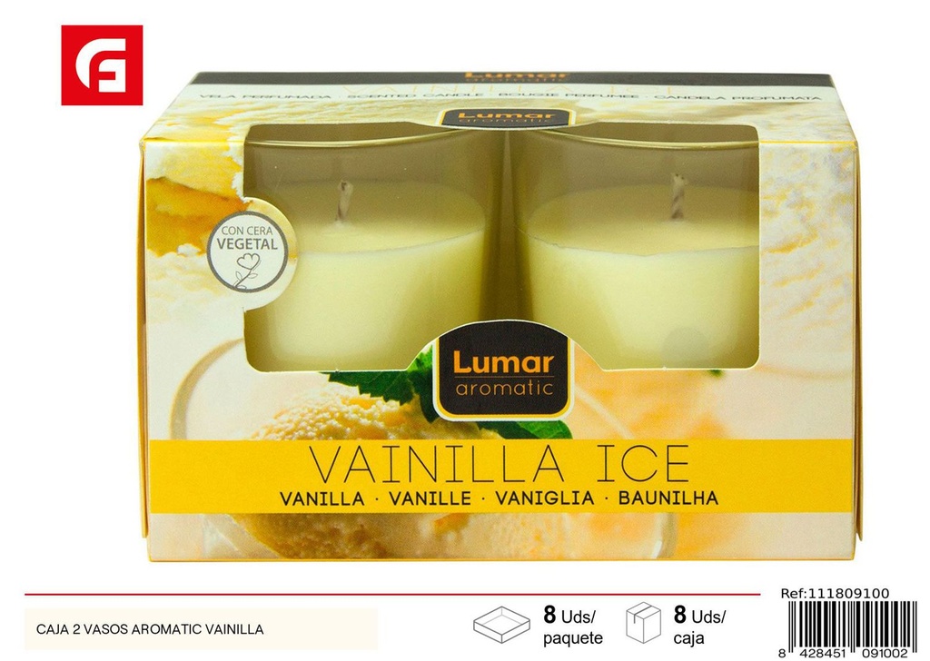 Caja con 2 velas aromáticas de vainilla en vaso para ambientación