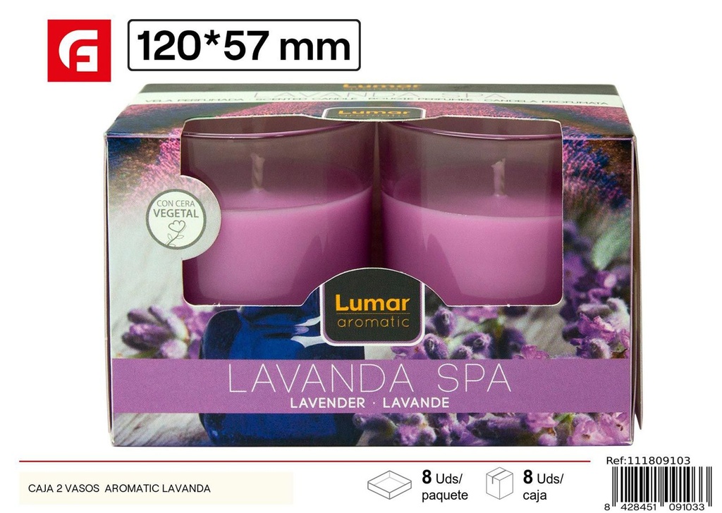 Velas aromáticas de lavanda en caja 2 vasos para decoración