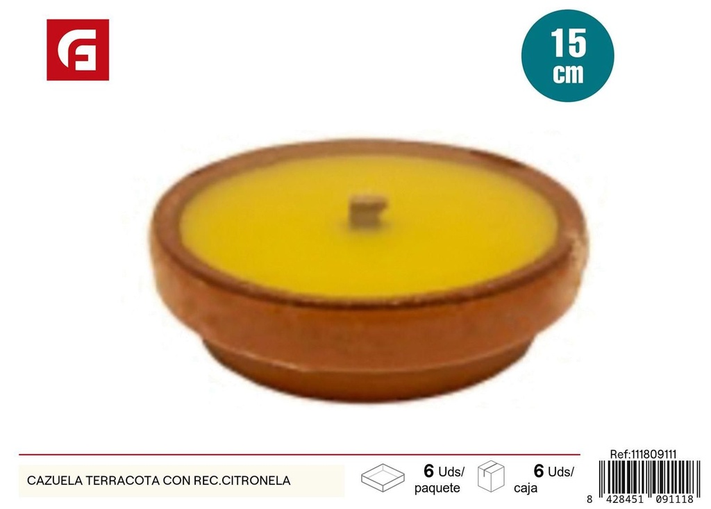 Vela aromática en cazuela terracota con citronela para exteriores