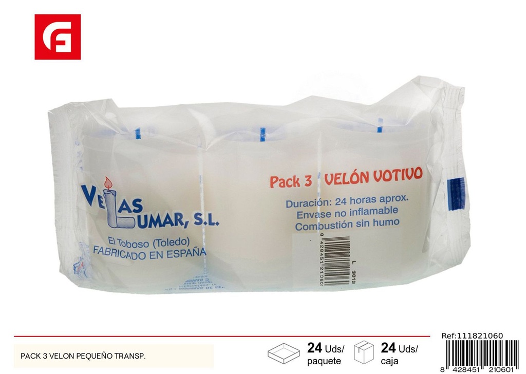 Pack de 3 velones pequeños transparentes