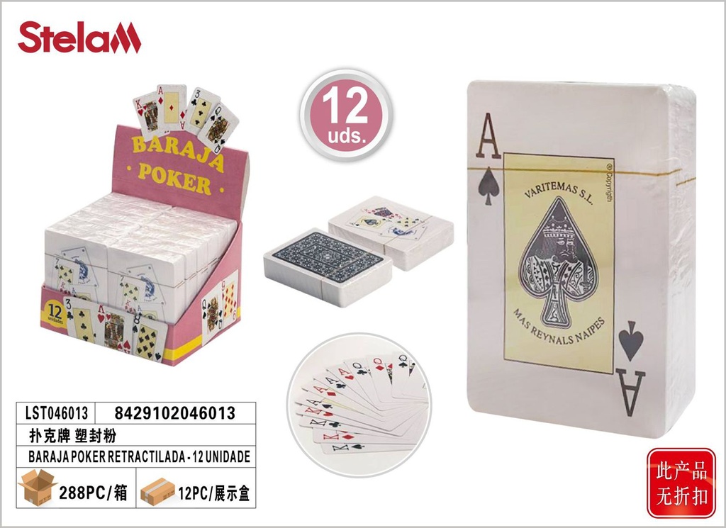 Baraja de póker retractilada 12 unidades para juegos de cartas