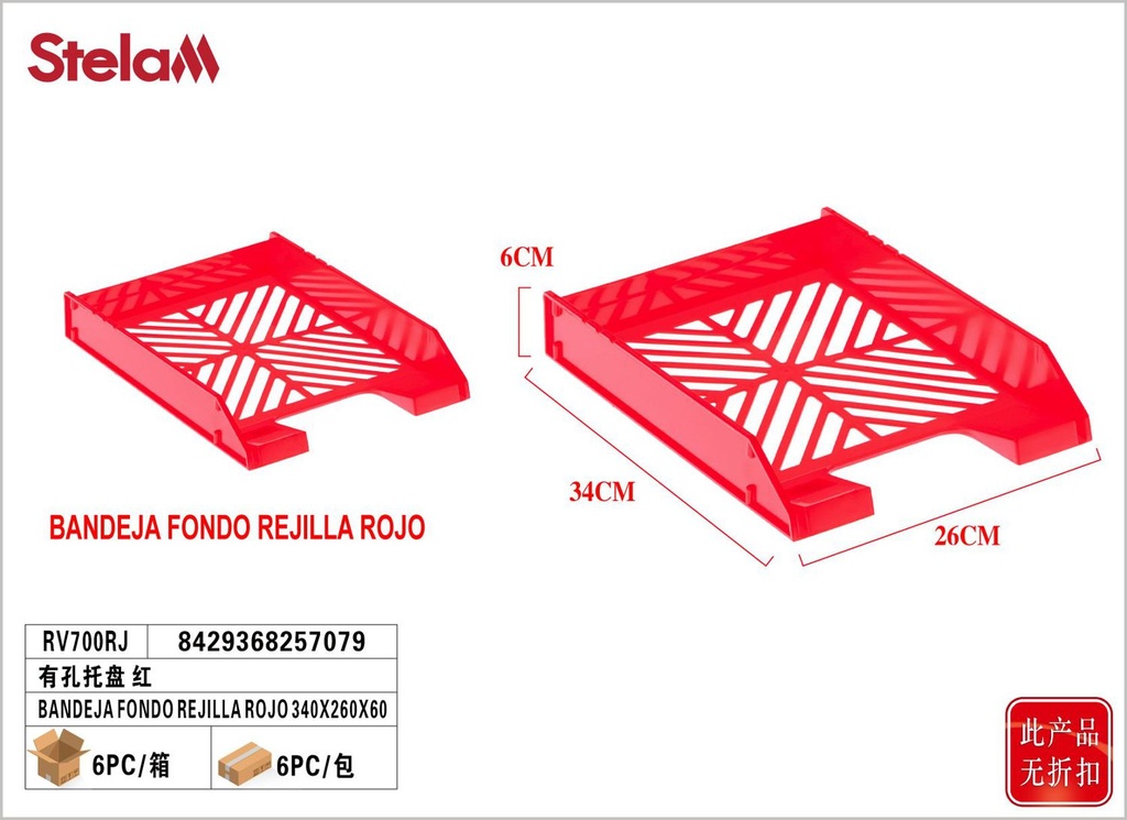 Bandeja con fondo de rejilla rojo 340x260x60mm para organización de oficinas