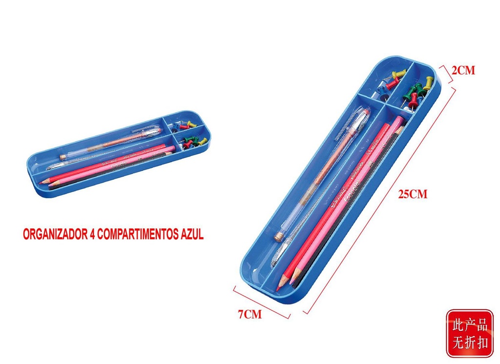 Organizador con 4 compartimentos azul 70x245x20mm para escritorio y oficina