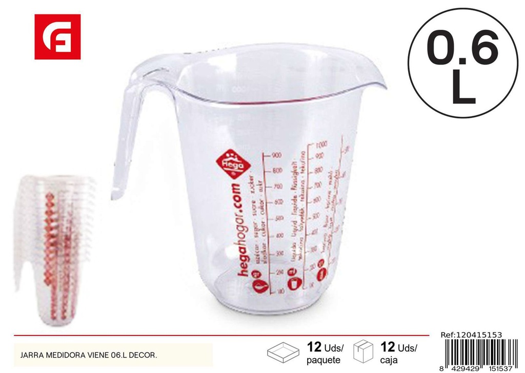 Jarra medidora de plástico Viena 0.6L para cocina