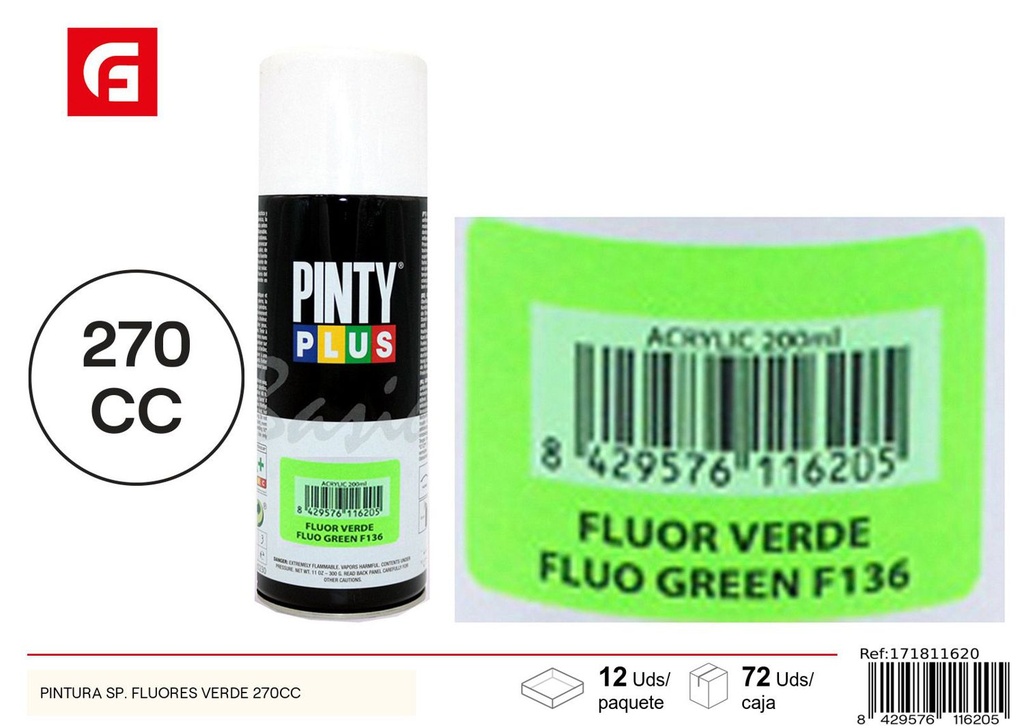 Pintura spray fluorescente verde 270cc para bricolaje