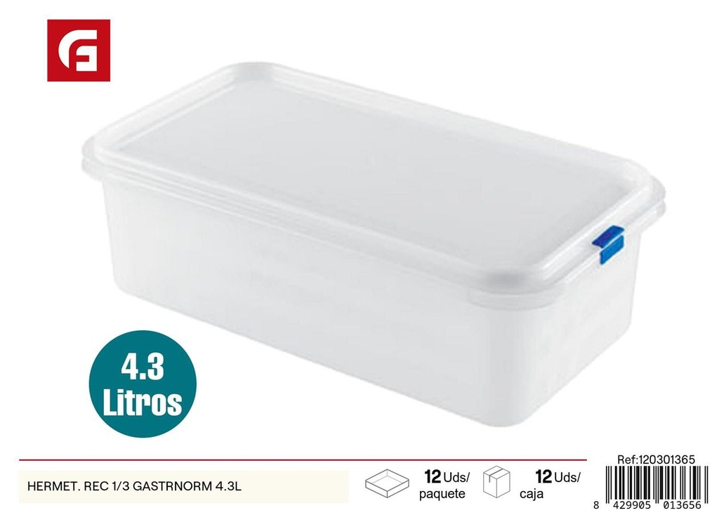 Fiambrera hermética rectangular 1/3 Gastronorm 4.3L para almacenamiento de alimentos