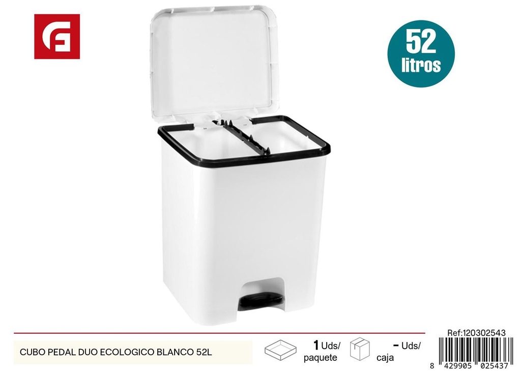 Cubo de basura pedal Duo ecológico blanco 52L - Plásticos del hogar
