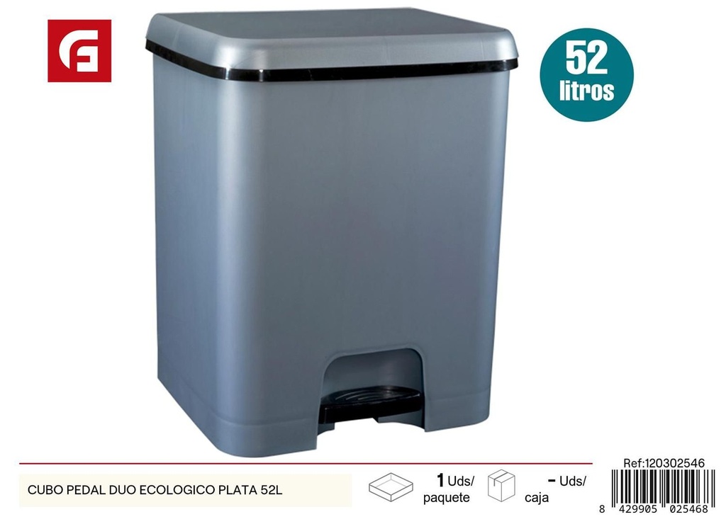 Cubo de basura pedal Duo ecológico plata 52L - Plásticos del hogar