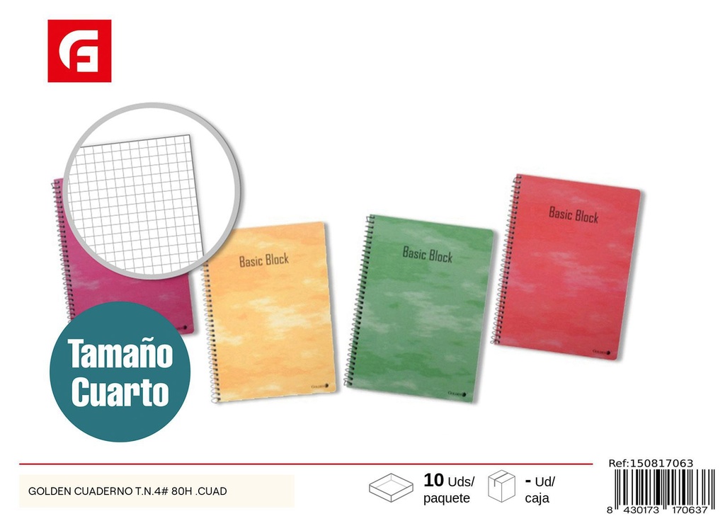 Cuaderno A5 de papel cuadriculado GOLDEN 80 hojas - Papelería y manualidades