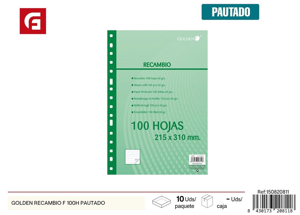Recambio de hojas pautado A4 100 páginas Golden Multiuso