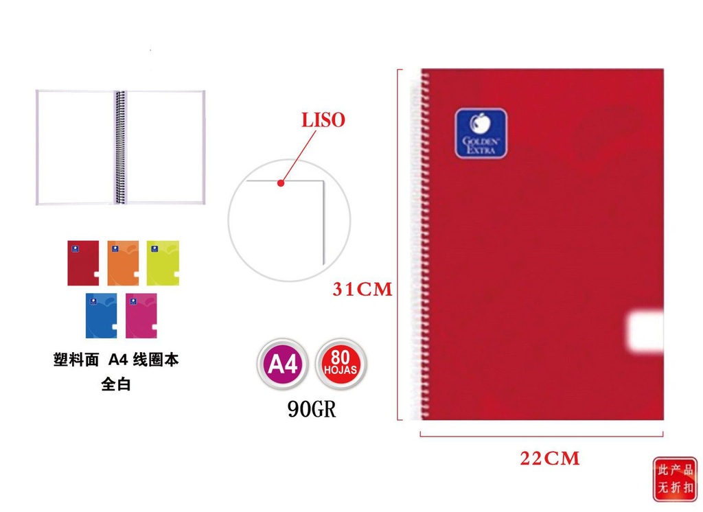 Cuaderno liso A4 90grs tapa plástica 80h para escritura