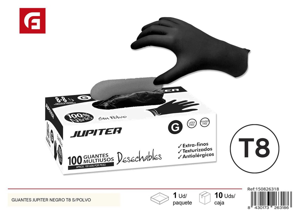 Guantes de limpieza Jupiter negro T8 sin polvo