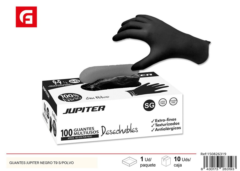 Guantes Jupiter negro T9 sin polvo