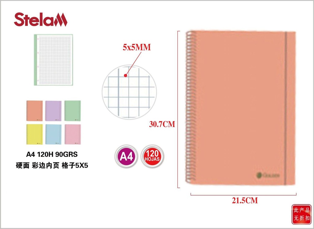 Cuaderno pastel A4 120 hojas 90g microperforado para estudiantes