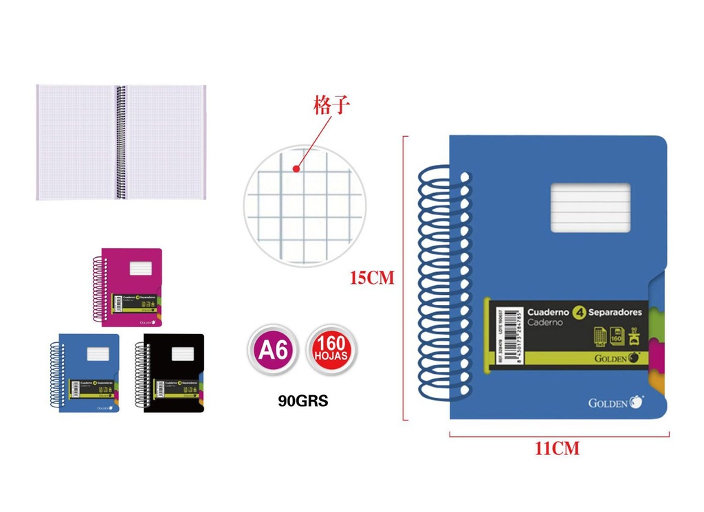 Cuaderno A6 de 160 hojas 90 gramos 4 separadores para estudiantes