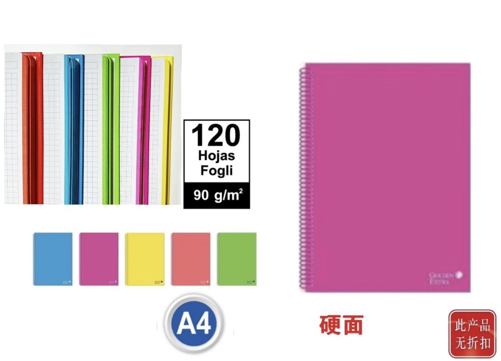 Cuaderno A4 120 hojas 90gr de tapa dura para notas y apuntes