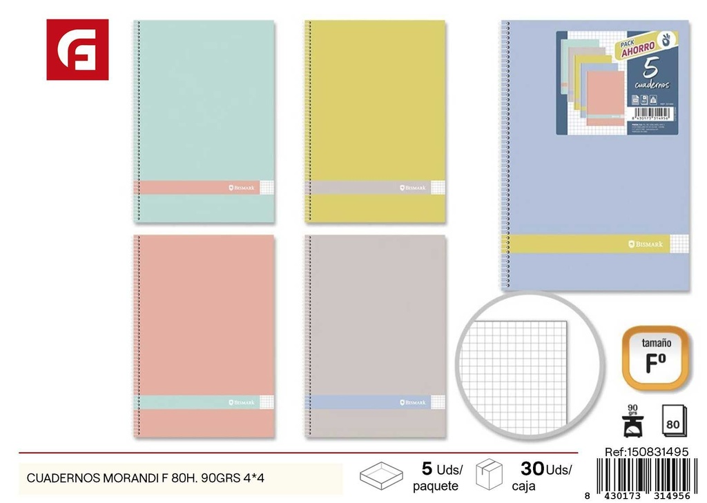 Cuadernos morandi A4 80 hojas 90 gramos 4x4 - Paquete de 5 cuadernos de diseño