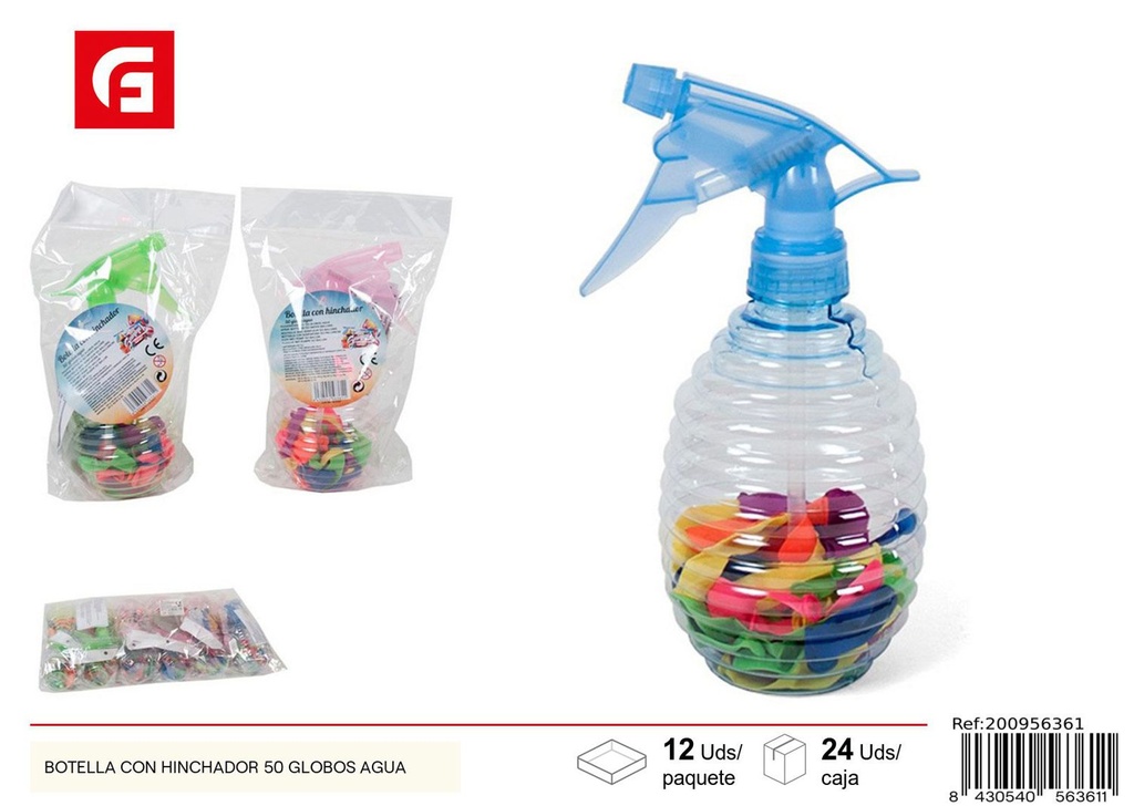 Botella con hinchador y 50 globos de agua para juegos de verano