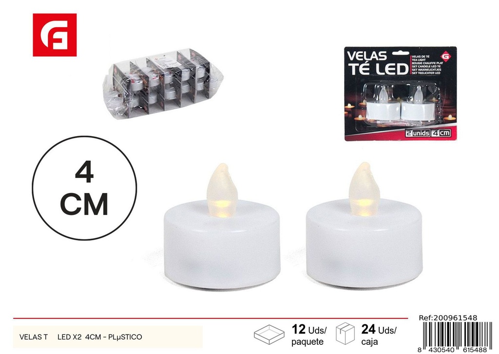 Velas té LED x2 4cm de plástico para ambientación