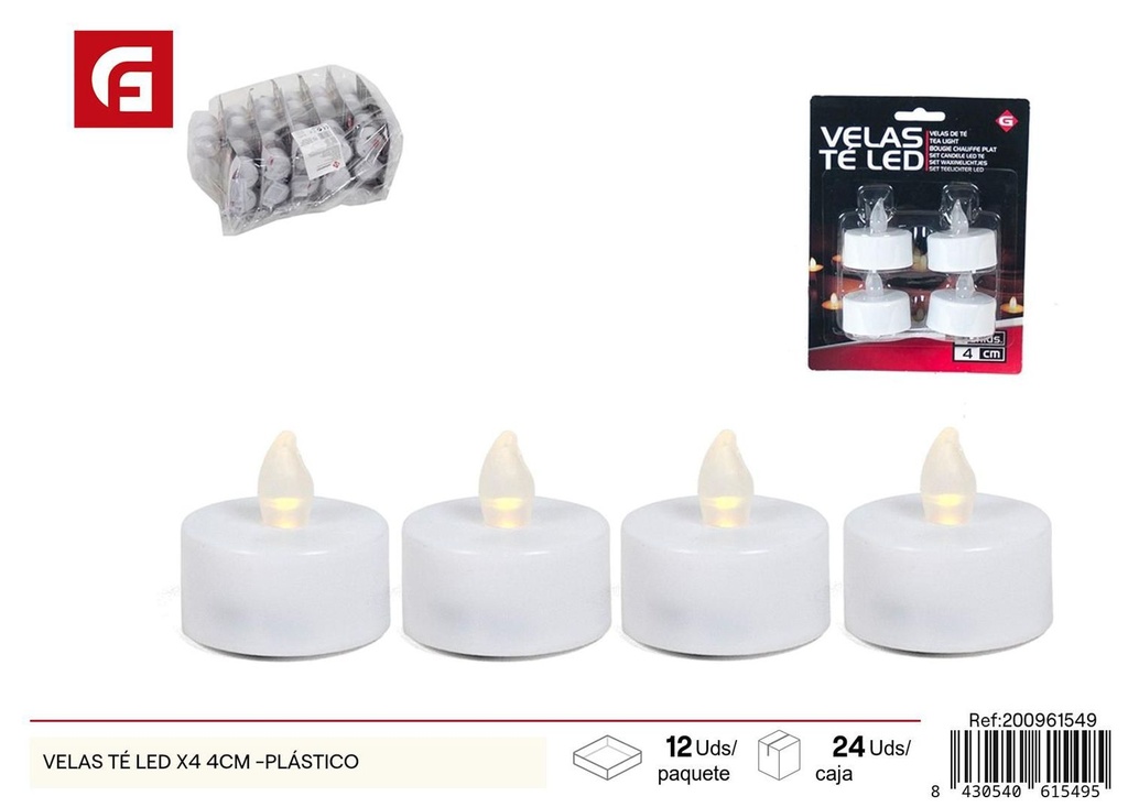 Velas té LED x4 de plástico 4cm