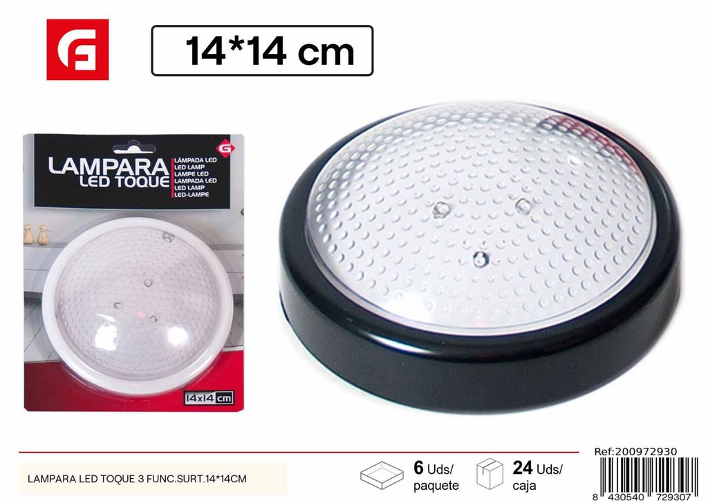 Lámpara LED táctil 3 funciones surtidas 14x14cm