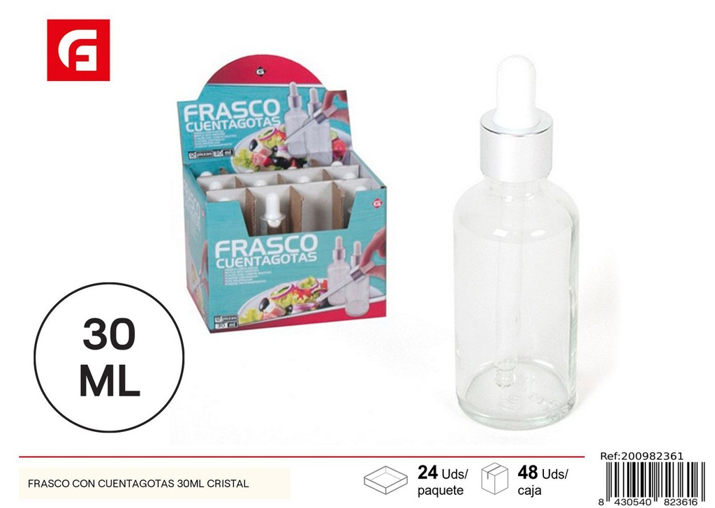 Frasco de vidrio con cuentagotas 30ml para aceites y esencias